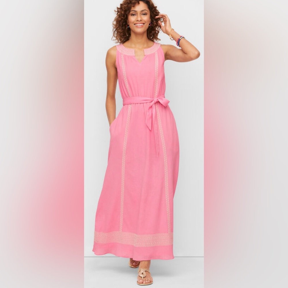 Talbots Women’s 8 Pink Embroidered Gauze‎ Belted V Neck Maxi Dress Beach Lined